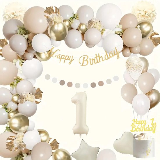 FeestmetJoep® Versiering & Ballonnen - 1 jaar verjaardag - Beige & Goud