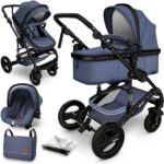 Kiduku Combi Kinderwagen - Inclusief autostoeltje, regenhoes & reiswieg - Blauw/ Zwart